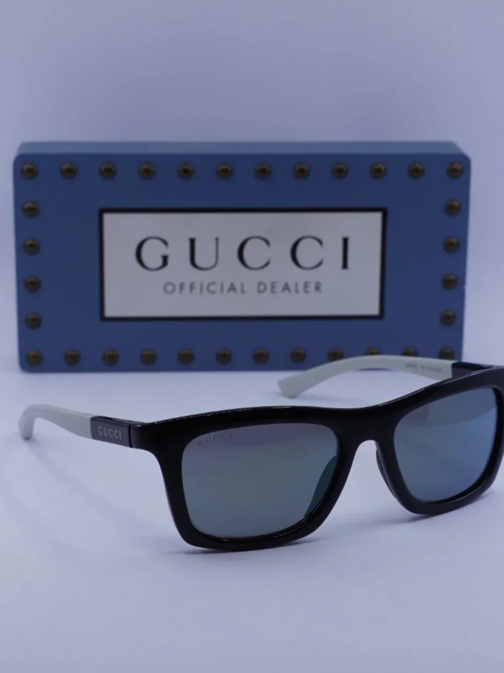 Gucci GG1735S 002 Rectangle Sunglasses - Black/White \ Blue Mirror